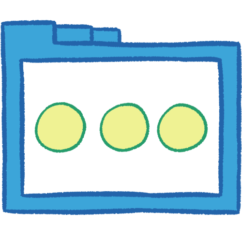  a hollow blue folder with thick lineart. inside is an ellipsis (three large circles in a row) with dark green lines and pale green colour.